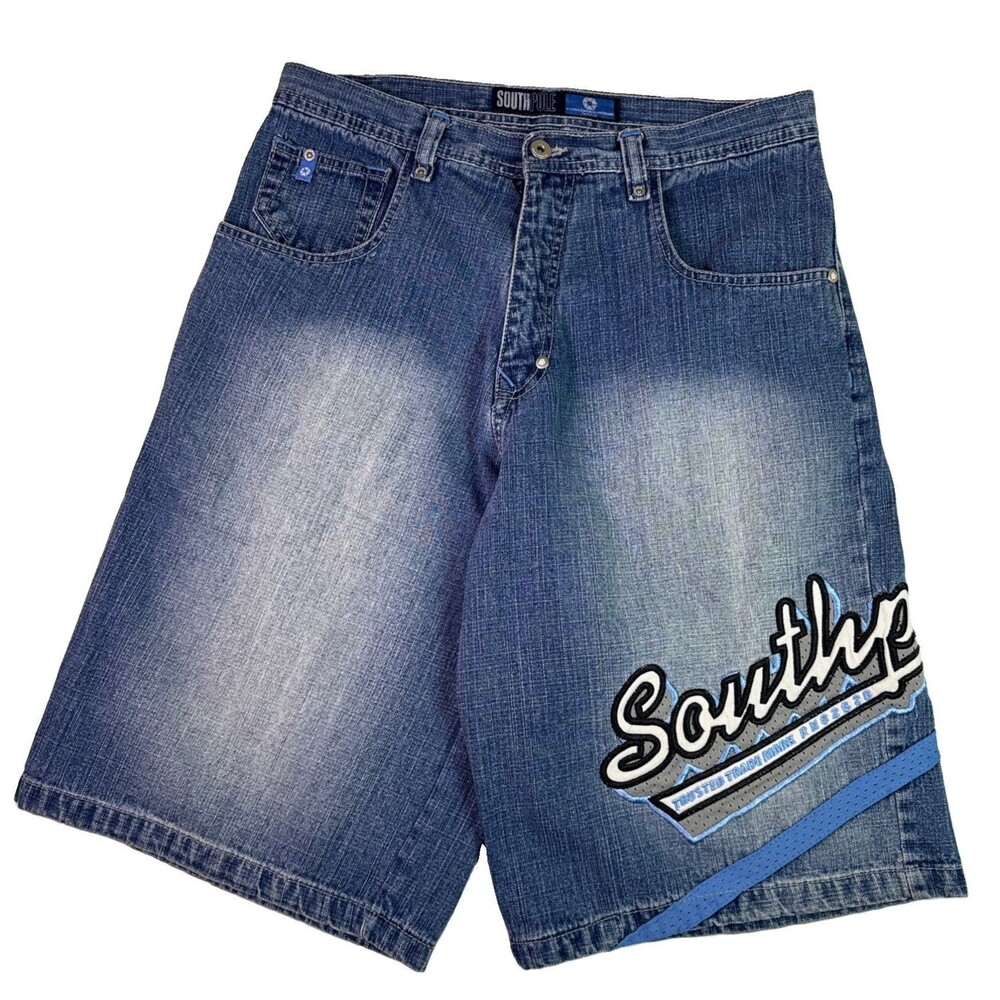 Vtg SouthPole Baggy Denim Shorts Mens 32 Blue Y2k Jorts Embroidered Logo